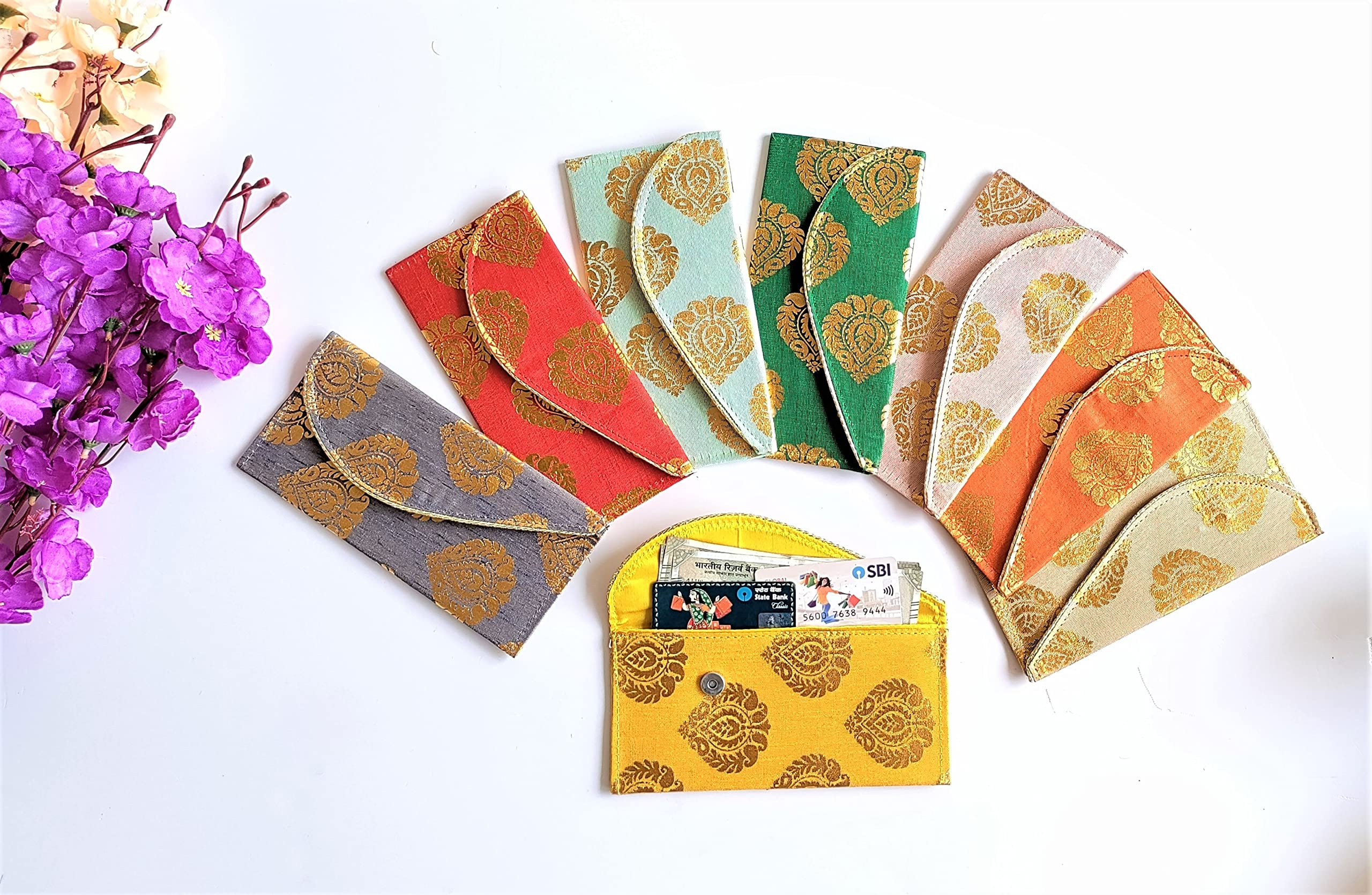 Banarasi Fabric Wedding Envelopes | Designer Shagun Covers (Red & Gold