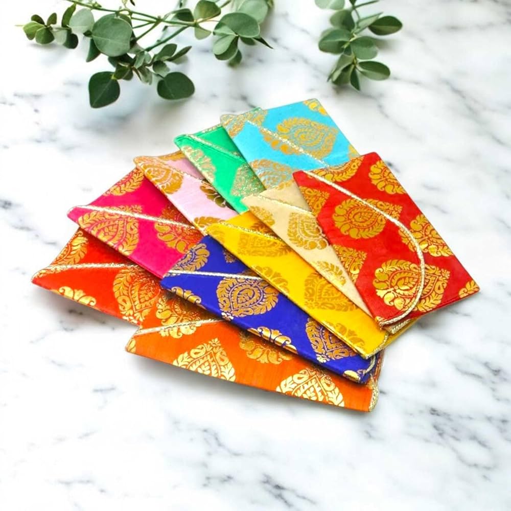 Banarasi Fabric Wedding Envelopes | Designer Shagun Covers (Red & Gold