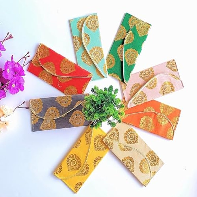 Banarasi Fabric Wedding Envelopes | Designer Shagun Covers (Red & Gold